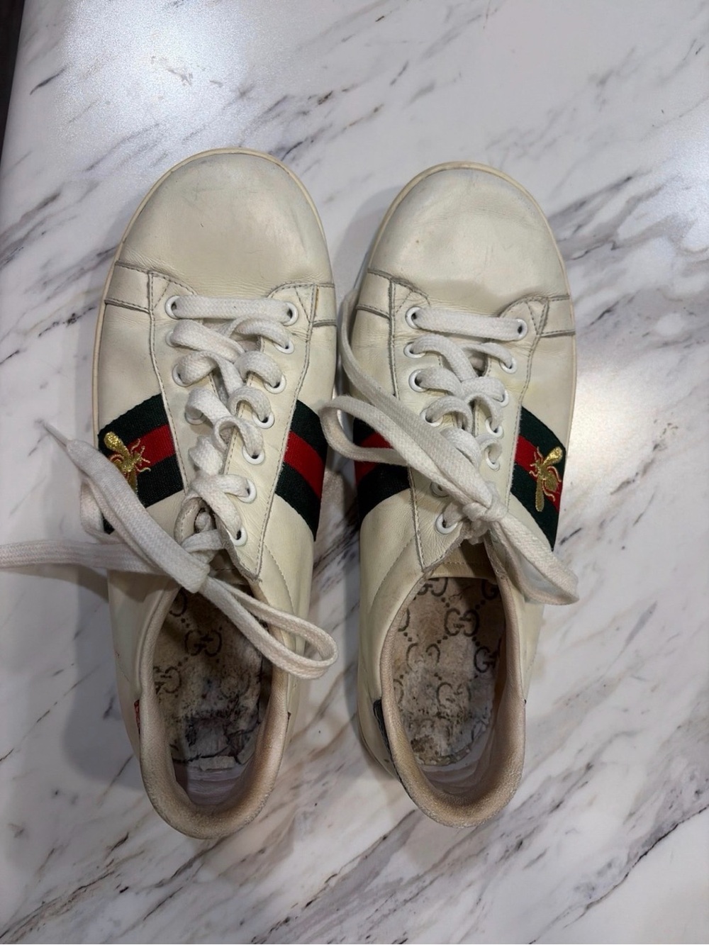 Gucci White Leather Sneakers with Green & Red Web and Gold Bee